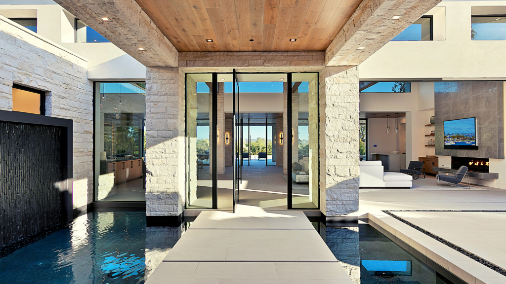 Modern home entryway at Rancho Santa Fe project by Jensen Door Systems (dealer) and Munsch Homes (builder)